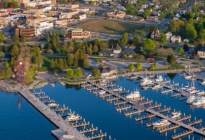 Aerial view over Petoskey, MI marina and downtown