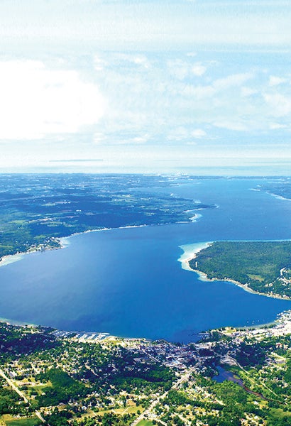 Aerial view over Boyne City, MI